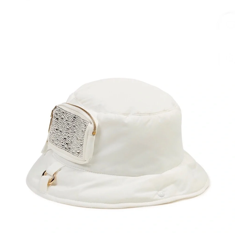 Cute bejeweled bling Blue Puffer‎ Bucket Hat with zippered pocket new